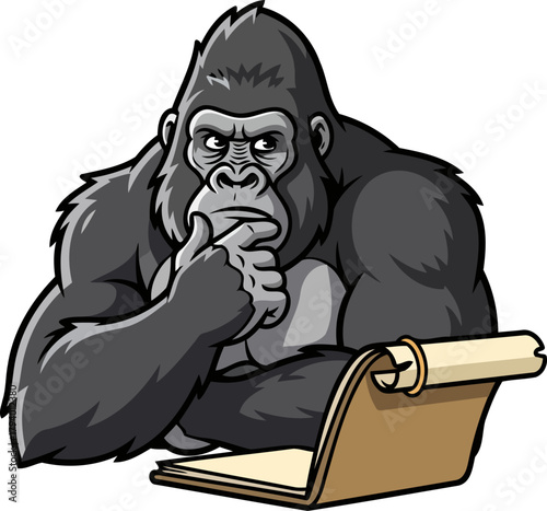wise gorilla contemplates vital strategy, meticulously charting a path for future achievements, isolated on transparent background