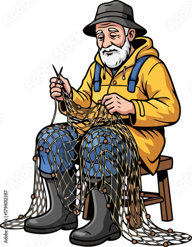 wise old fisherman mends nets, preserving maritime traditions with skillful hands, isolated on transparent background