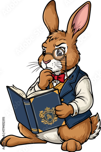 wise rabbit gentleman, monocle gleaming, absorbed in a captivating vintage book, isolated on transparent background