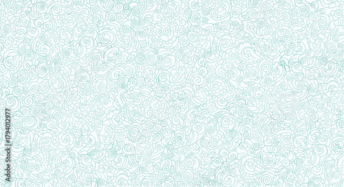 Abstract seamless pattern of light blue dashed lines forming decorative swirls and circular motifs on a clean white background.