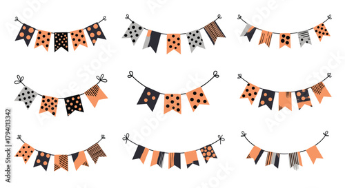 Nine unique Halloween bunting designs with polka dots and stripes in orange, black, and grey, perfect for festive party decorations and autumn celebrations.