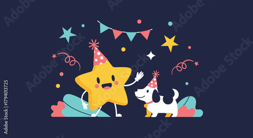 A cheerful cartoon star and an adorable dog in party hats celebrate a festive occasion with colorful decorations on a dark blue background.