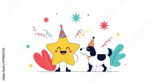 Cheerful cartoon star and a spotted dog wearing party hats celebrate amidst colorful confetti and decorative elements on a white background.