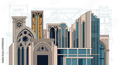 An intricate architectural collage showcasing diverse historical and contemporary building styles, from ornate Gothic to sleek Art Deco and modern structures.