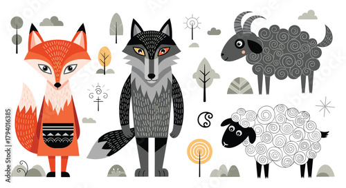 Cute stylized animals including a fox, wolf, ram, and sheep, with folk art elements and trees on a white background.