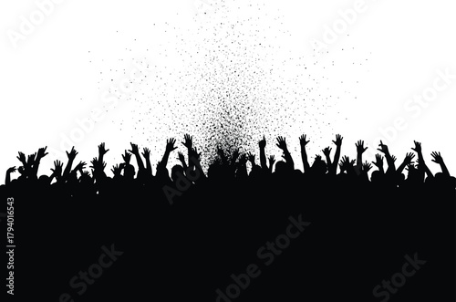 Silhouette crowd with raised hands, confetti particles, celebration scene, unity, black figures, white background, festive energy, abstract rally illustration