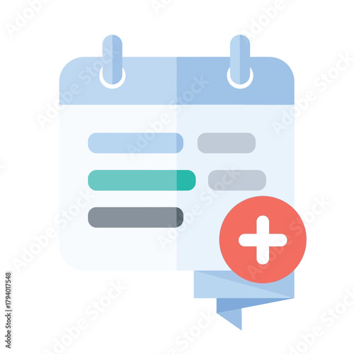A colorful flat design illustration of a calendar with a list of events and a red circle with a white plus sign, indicating adding an event