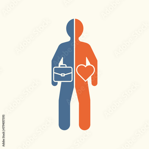 A silhouette of a person divided into two halves, one representing work with a briefcase and the other representing personal life with a heart