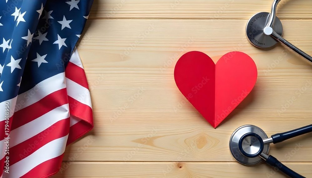 Obraz premium Heart with stethoscope and American flag on wood, emphasizing solidarity for heart disease awareness and February's health initiatives