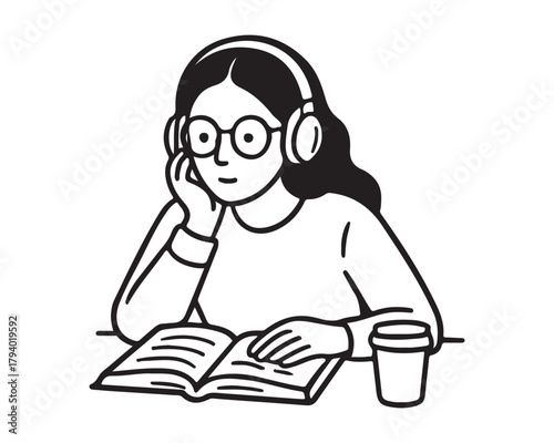 Focused student immersed in a good book with coffee and headphones, enjoying some relaxing study time, great for back to school and educational content