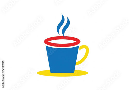A colorful cartoon illustration of a steaming hot beverage in a blue cup with a red rim and yellow handle.