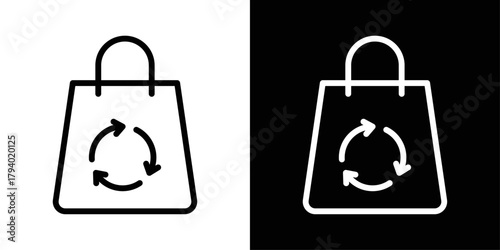 Reusable bag icon in black and white stroke on background. Ideal for eco shopping, sustainability concepts, zero-waste themes, and grocery packaging.
