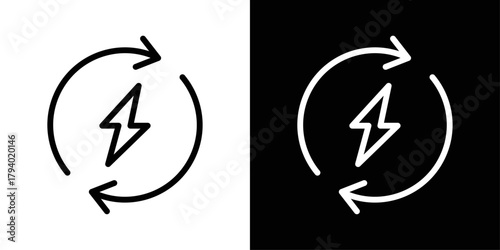 Renewable energy arrow icon in black and white stroke on background. Ideal for sustainability, eco energy flow, green power systems, and recycling concepts.