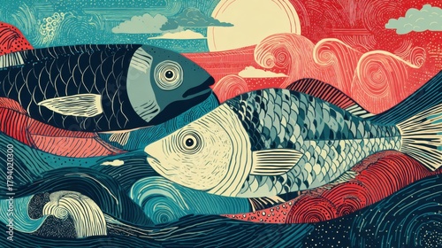 Vibrant Artistic Illustration of Fish Under a Colorful Sky with Waves and Sunlit Background in Bold Line Art Style
