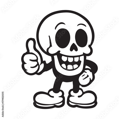 Spooky Halloween skeleton character giving thumbs up for scary fun times, a playful cartoon for seasonal greetings and party invites, cheers to fright night