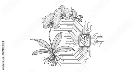 Monochrome illustration of an orchid plant connected to a circuit board with a human heart, symbolizing the innovative fusion of biology and advanced engineering.