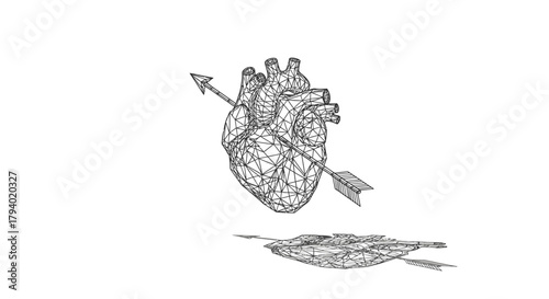 A captivating wireframe anatomical heart, pierced by a symbolic arrow, hovers above its reflection, representing profound love, pain, and emotional vulnerability.