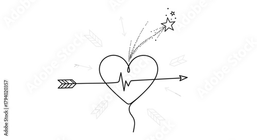 A captivating hand-drawn illustration depicts a heart with a vibrant heartbeat line, pierced by an arrow, symbolizing love, passion, and life's journey, accented by a star.