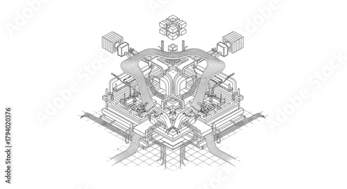 An intricate isometric line art rendering portrays a complex abstract architectural or mechanical system, emphasizing futuristic design and interconnected structural elements.