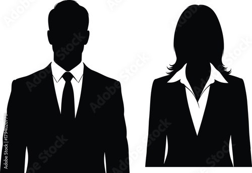 Business professional silhouettes in formal attire, corporate male and female icons, vector illustration for office, HR, and career concepts.