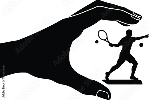 Silhouette hand holding tennis player vector concept showing control, precision, manipulation, sport mastery, power dynamics, influence, and motion