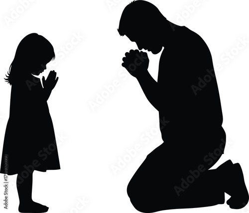 Silhouette illustration of child and adult praying together in spiritual moment, family faith, religion, devotion, worship, meditation, contemplation, unity