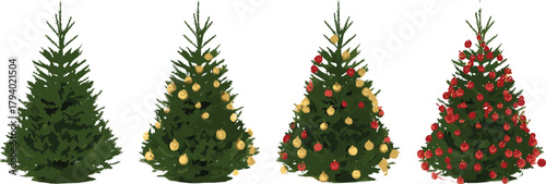 Christmas tree decoration stages, festive holiday ornaments, red and gold baubles, seasonal celebration, winter decor, pine tree transformation, joyful preparation