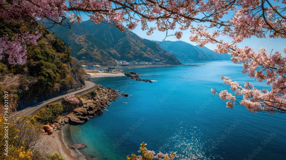 Fototapeta premium Coastal landscape with cherry blossoms