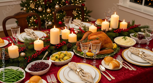 Festive Christmas dinner table with candles, traditional food, pine branches, and elegant decorations