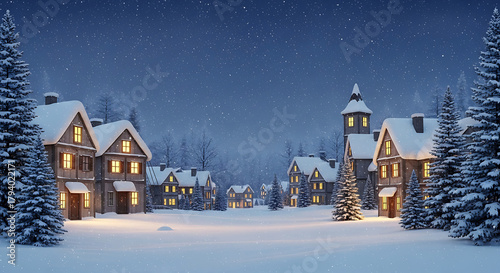 Snow-covered village with glowing windows, pine trees, and falling snowflakes, creating a magical winter scene