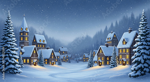 Snow-covered village with glowing windows, pine trees, and falling snowflakes, creating a magical winter scene