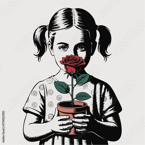 glitched innocence: monochrome girl with pigtails holding red rose through green digital eye-line