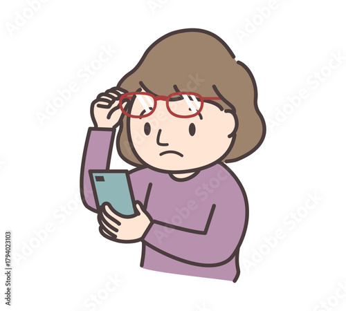 老眼でピントが合わず眼鏡をずらす女性