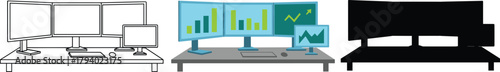 Multi-Monitor Trading Desktop Setup Icon Set - Outline, Color, and Silhouette Vector