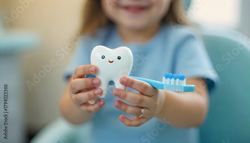 A cheerful girl with a toothbrush and toothpaste highlights children's dental health, set against a blue and white background for a clinic poster