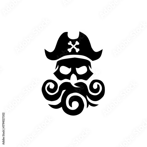 A stylized, aggressive pirate skull icon wearing a hat with crossed bones, featuring a bold, swirling beard, symbolizing adventure, rebellion, freedom, and a fierce, salty maritime spirit.
