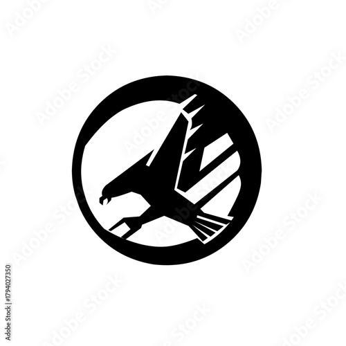 A powerful, abstract icon of an attacking eagle or hawk in flight, aggressively contained within a circular frame, symbolizing focused vigilance, military force, and bold, rapid action.
