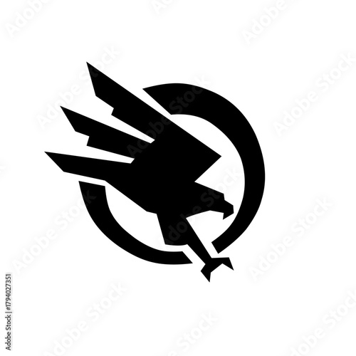 A striking, aggressive icon of a diving eagle or hawk with sharp, stylized wings, set against a dynamic circle, symbolizing speed, military power, vigilance, and superior precision.