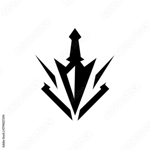 A dynamic, sharp icon of a sword striking downwards, creating an impact or shield shape, symbolizing precision, focused attack, defense, and decisive, powerful strength in combat.