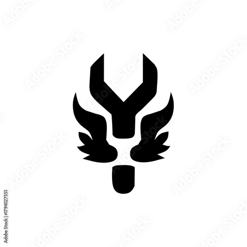 A striking, modern icon blending a mythical dragon or griffin head with a wrench tool, symbolizing strength, mechanical expertise, and legendary performance in repair or engineering.