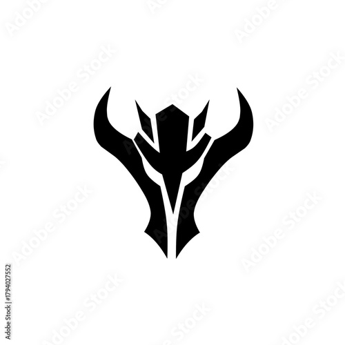 A highly aggressive, stylized black silhouette of a monster or dragon head with sharp horns and a menacing mask-like visor, symbolizing fantasy power and brutal force.