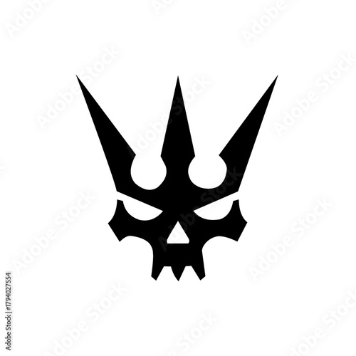 A menacing, stylized black silhouette of a skull wearing a sharp, three-pointed crown, symbolizing dark monarchy, evil authority, gothic power, and the king of the underworld.