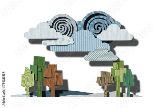 A whimsical papercraft scene featuring clouds, trees, and a shadow, creating a layered effect.