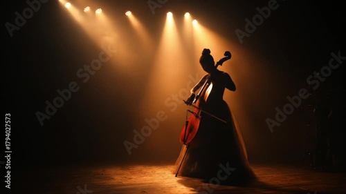 Silhouetted cellist in a flowing gown, bow raised under warm amber stage lights, intimate solo mood!