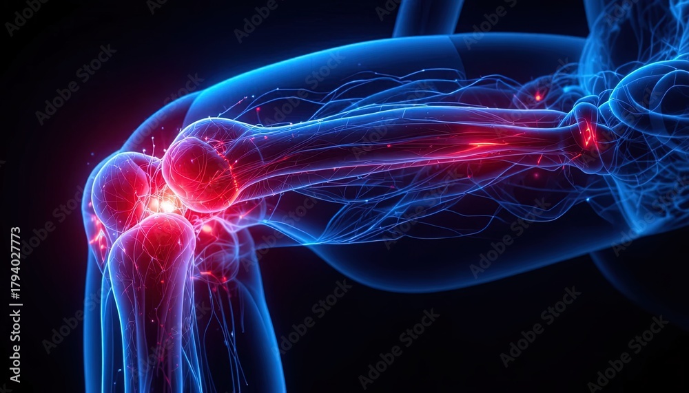 Fototapeta premium Powerful anatomical visualization of knee pain, highlighting inflammation and discomfort for medical education and healthcare marketing campaigns
