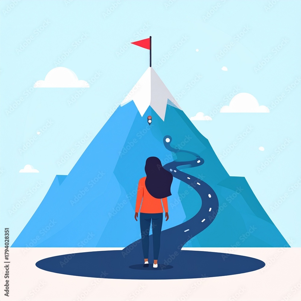 Fototapeta premium Woman Standing Before Mountain Path Leading to Summit Flag.