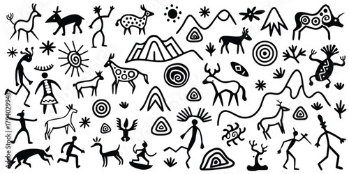 Set petroglyphs, rock paintings, isolated on white background, naive art, vector design