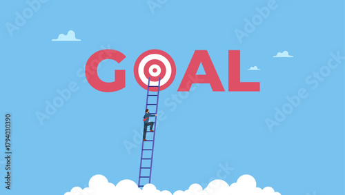 Smart businessman climb up ladder high into cloud sky to reach goal dartboard. Ladder to reach goal, target and achievement, challenge to find success, business objective or purpose.