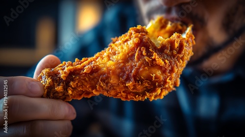 Eating Crispy Fried Chicken Leg Wing Snack in Hand Closeup View