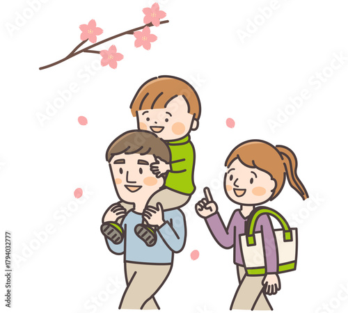 桜の下で遊ぶ親子三人（肩車）